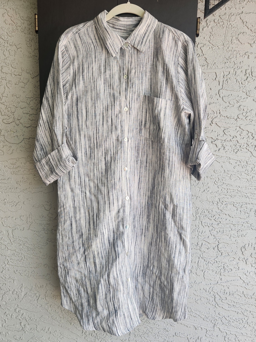 Karen Kane Striped Button-Front Long Shirt Dress in Gray and White Size Medium